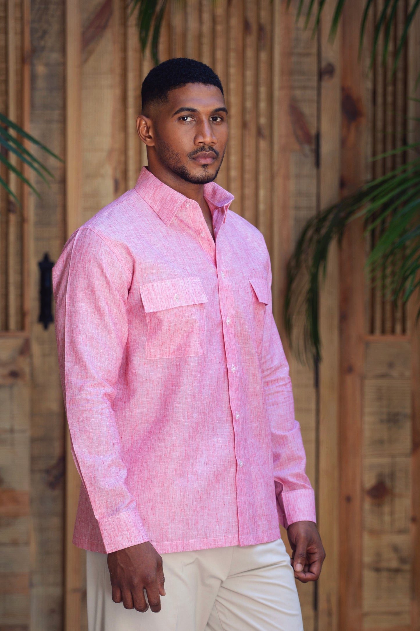 Camisas Rosa Coral Mangas Largas con bolsillos